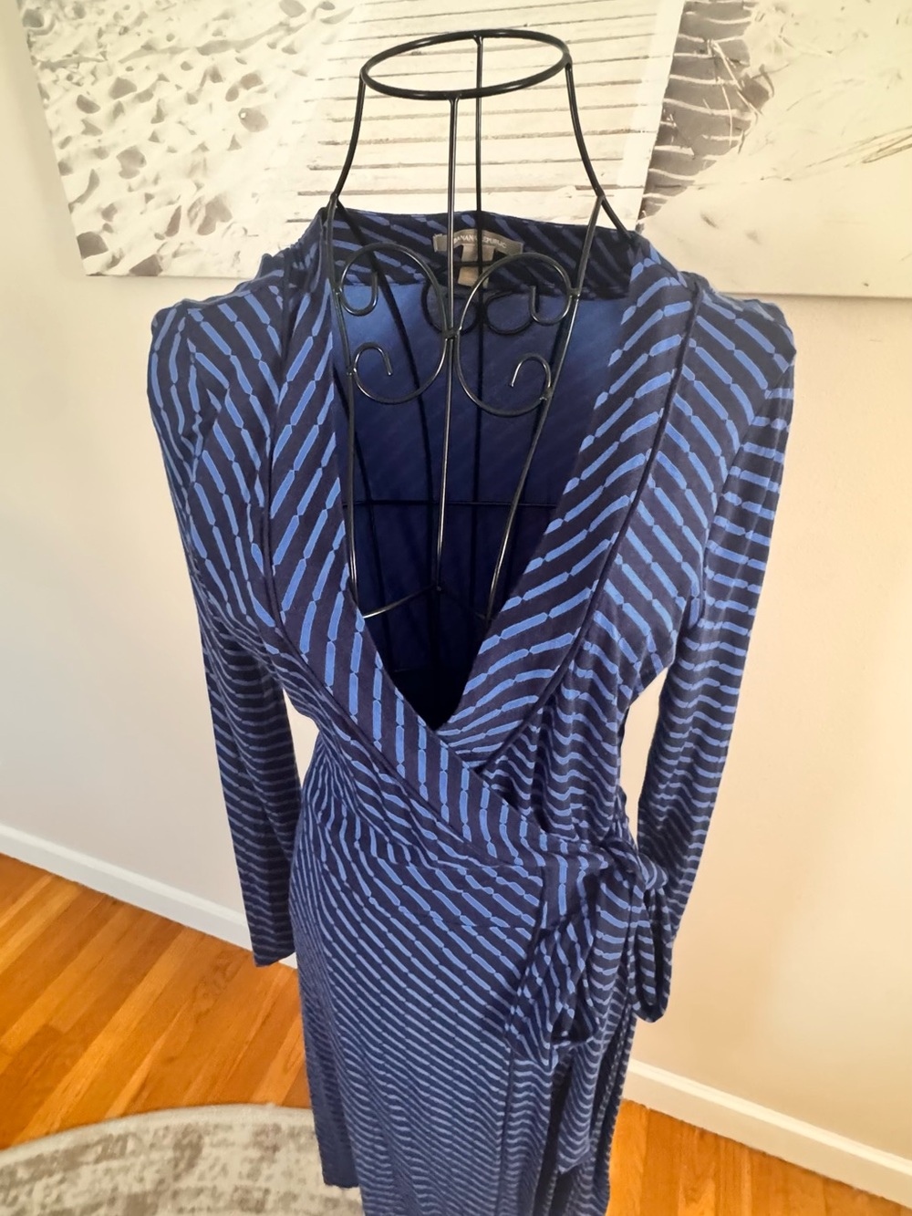 Banana Republic Navy and Light Blue Striped Midi Wrap Dress